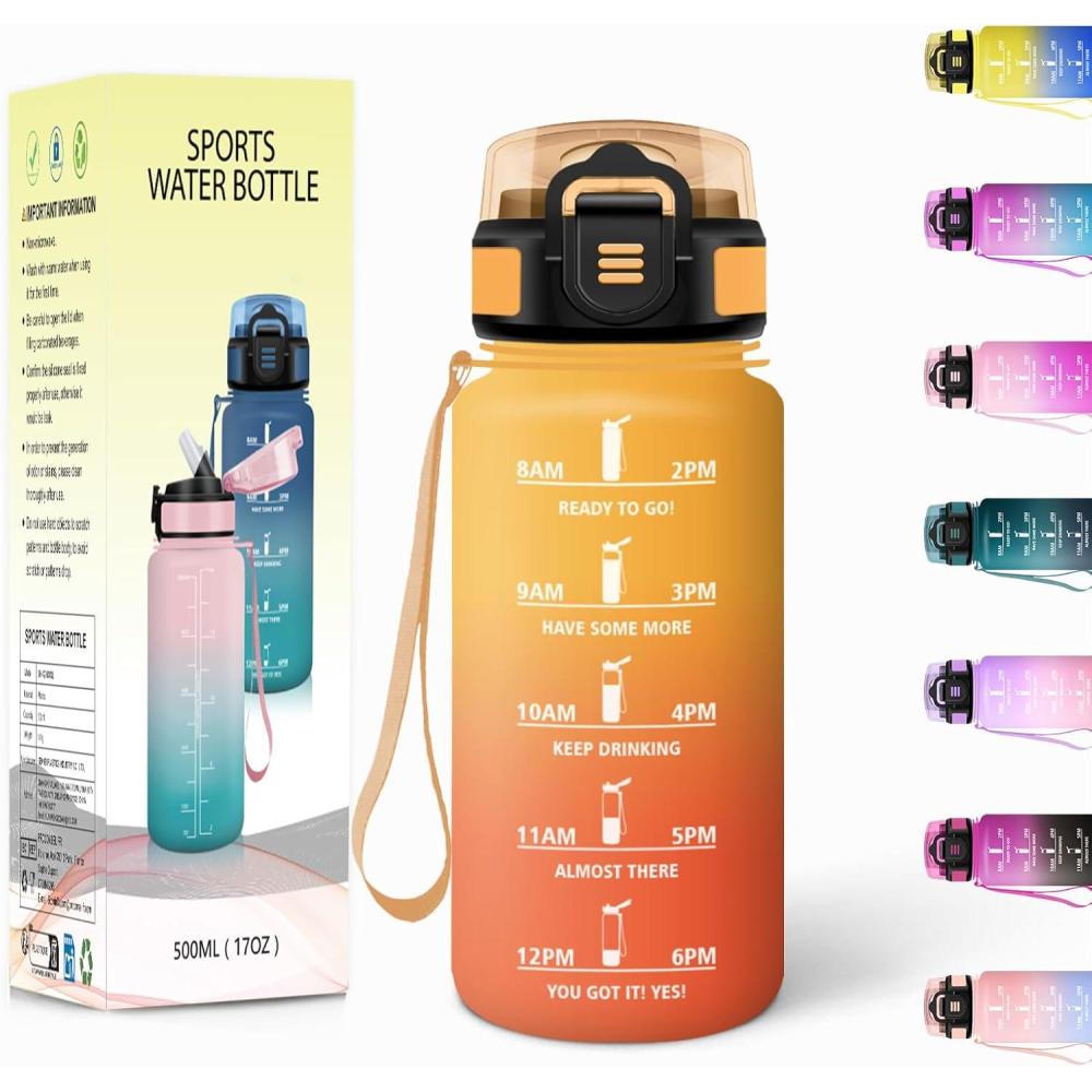 imageGourde 1500ML Avec de la Paille Gourdes Sport Sans BPA Gourde Paille Bouteille deau de Motivation avec Marqueur de Temps Bouteille Paille Adulte pour Salle de Sport Camping Vert foncampampGrisJauneorange500ml