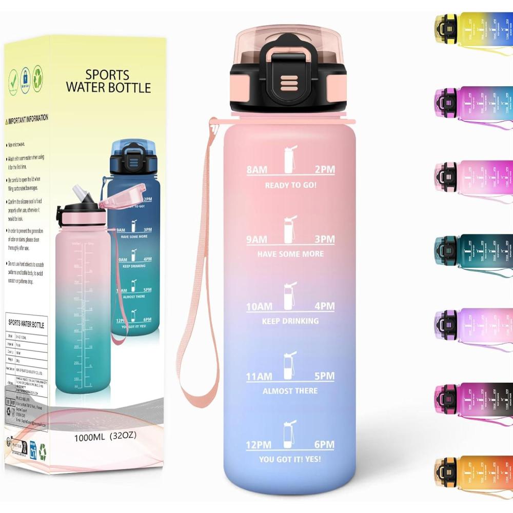 imageGourde 1500ML Avec de la Paille Gourdes Sport Sans BPA Gourde Paille Bouteille deau de Motivation avec Marqueur de Temps Bouteille Paille Adulte pour Salle de Sport Camping Vert foncampampGrisRosebleu Ciel1000ml