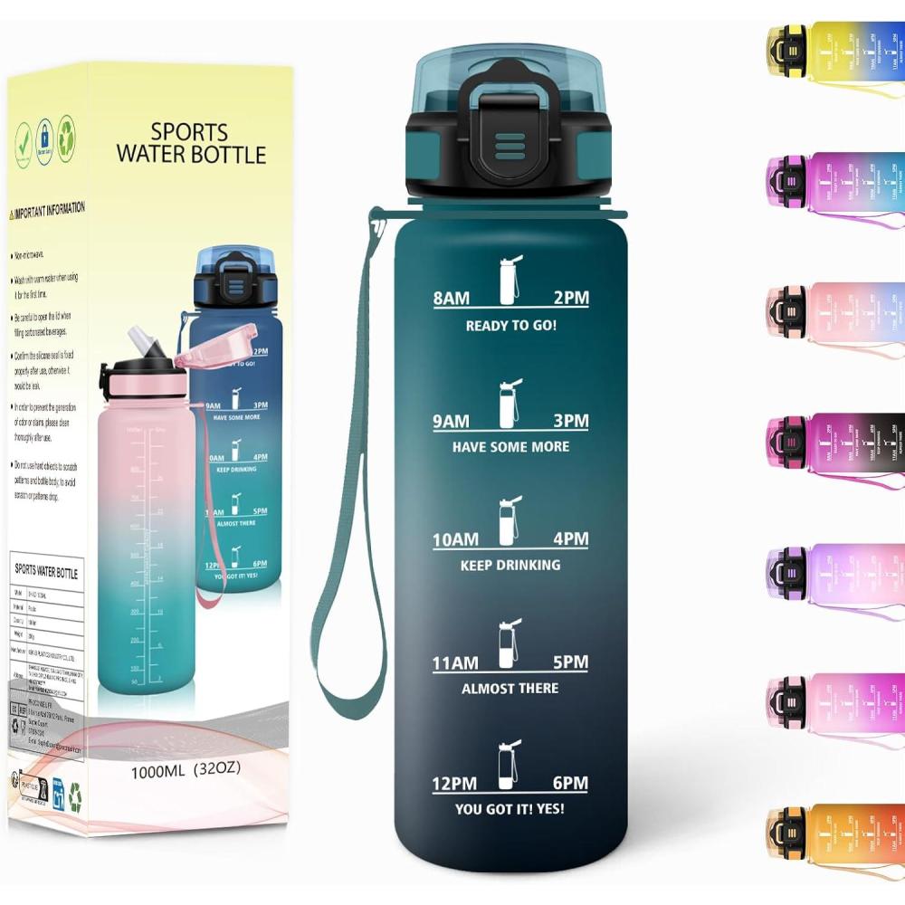 imageGourde 1500ML Avec de la Paille Gourdes Sport Sans BPA Gourde Paille Bouteille deau de Motivation avec Marqueur de Temps Bouteille Paille Adulte pour Salle de Sport Camping Vert foncampampGrisVert Foncgris1000ml