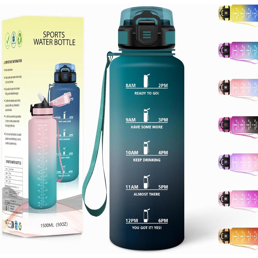 imageGourde 1500ML Avec de la Paille Gourdes Sport Sans BPA Gourde Paille Bouteille deau de Motivation avec Marqueur de Temps Bouteille Paille Adulte pour Salle de Sport Camping Vert foncampampGrisVert Foncgris1500ml