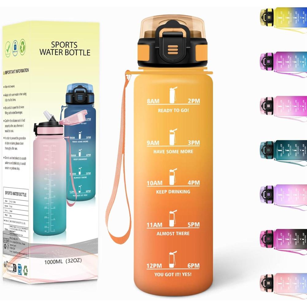 imageGourde 1500ML Avec de la Paille Gourdes Sport Sans BPA Gourde Paille Bouteille deau de Motivation avec Marqueur de Temps Bouteille Paille Adulte pour Salle de Sport Camping Vert foncampampGrisJauneorange1000ml