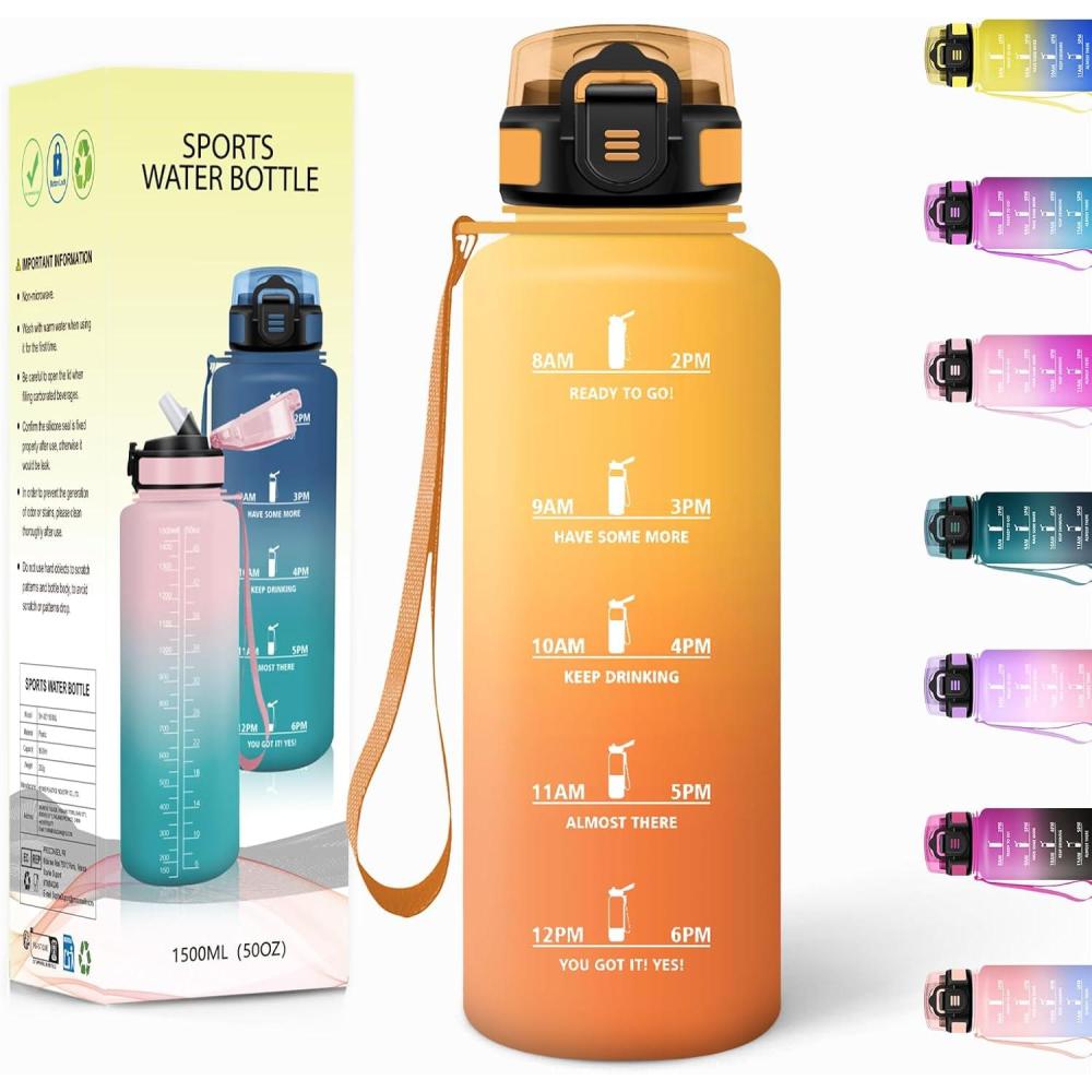 imageGourde 1500ML Avec de la Paille Gourdes Sport Sans BPA Gourde Paille Bouteille deau de Motivation avec Marqueur de Temps Bouteille Paille Adulte pour Salle de Sport Camping Vert foncampampGrisJauneorange1500ml