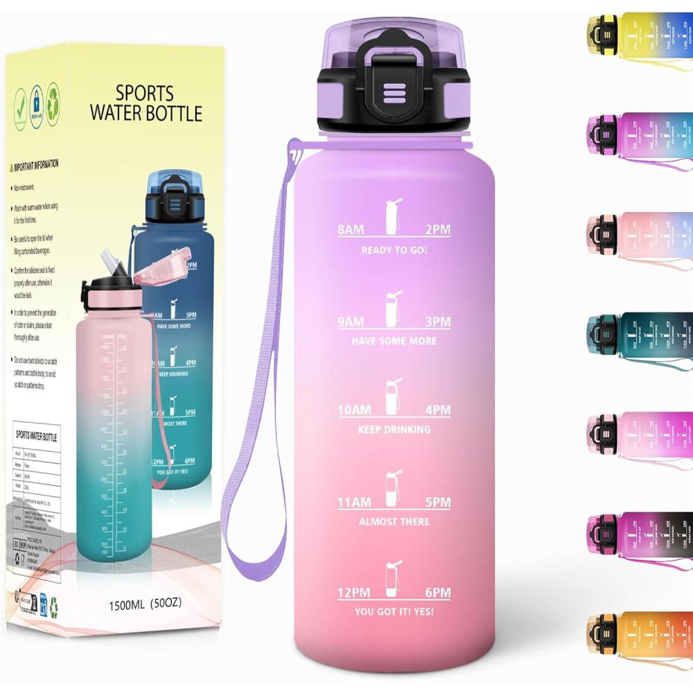 imageGourde 1500ML Avec de la Paille Gourdes Sport Sans BPA Gourde Paille Bouteille deau de Motivation avec Marqueur de Temps Bouteille Paille Adulte pour Salle de Sport Camping Vert foncampampGrisViolet Clairrose Clair1500ml