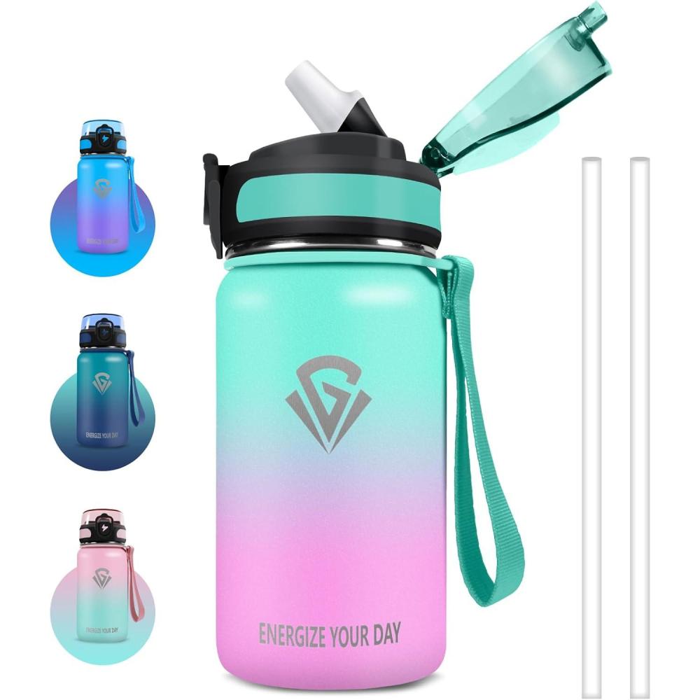 imageGrsta gourde Isotherme 1L Paille sans BPA Bouteille sous Vide Double Paroi AntiFuite Mtal Sport Camping GymGreenpink