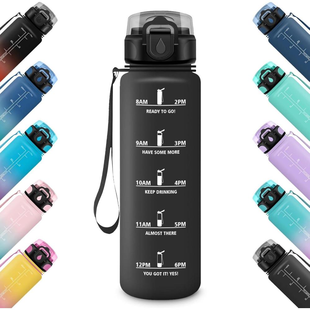 imageHoneyHolly Gourde 500ML tanche ampamp Rutilisable Gourde Sport Motivation avec Marqueur Antifuite Bouteille Bouteille deau Gourdes pour Gym Enfant Adulte cole Bureau Yoga CampingNoir