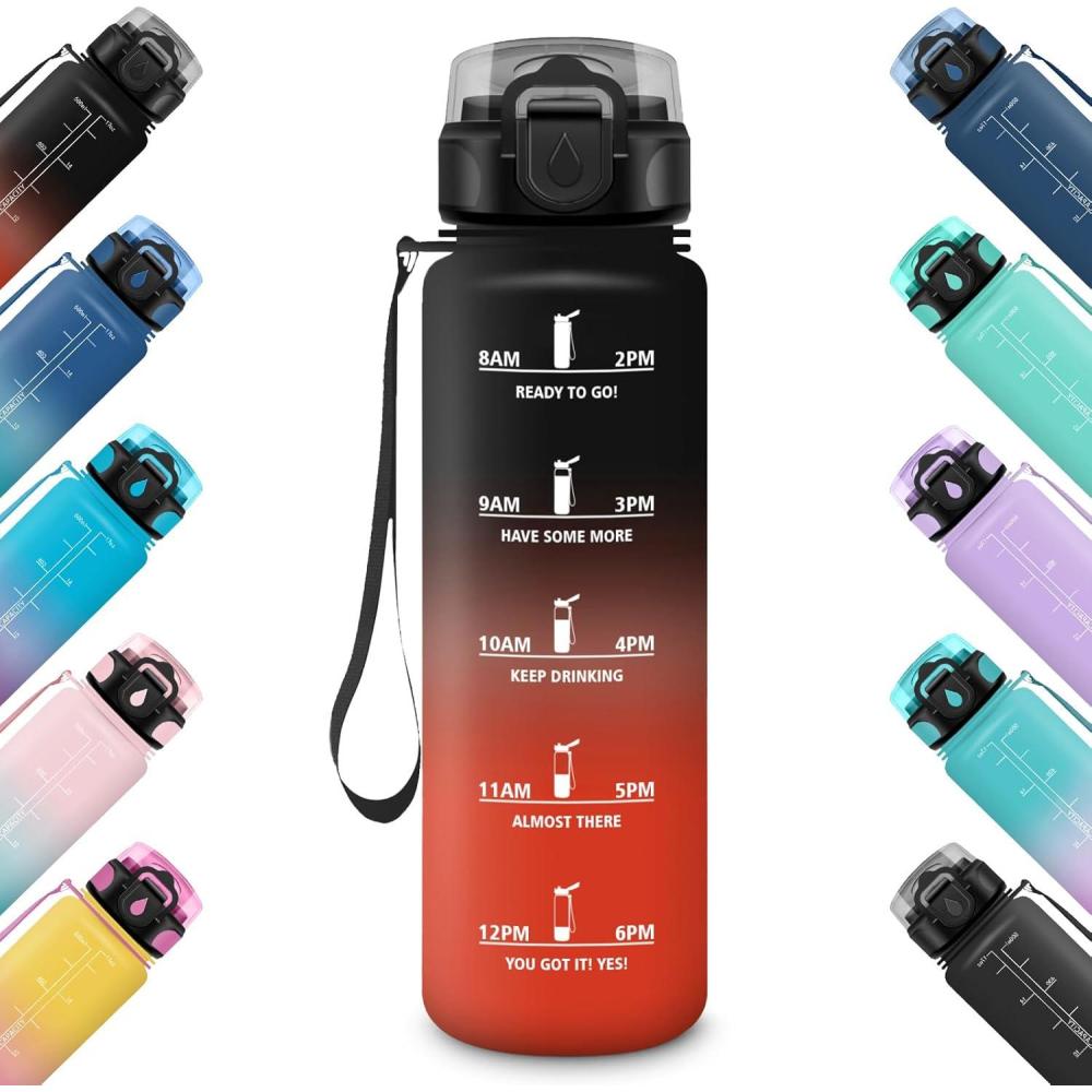 imageHoneyHolly Gourde 500ML tanche ampamp Rutilisable Gourde Sport Motivation avec Marqueur Antifuite Bouteille Bouteille deau Gourdes pour Gym Enfant Adulte cole Bureau Yoga CampingNoir Rouge