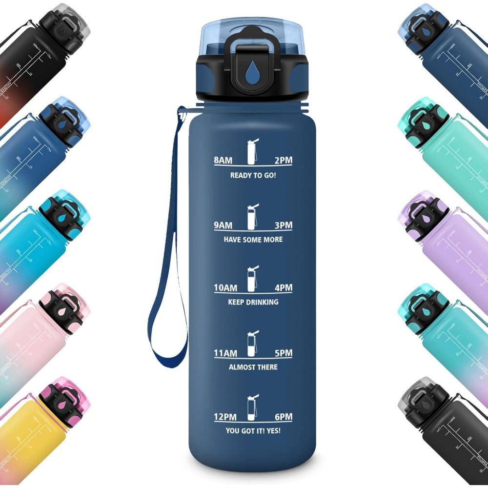 imageHoneyHolly Gourde 500ML tanche ampamp Rutilisable Gourde Sport Motivation avec Marqueur Antifuite Bouteille Bouteille deau Gourdes pour Gym Enfant Adulte cole Bureau Yoga CampingBleu Marine