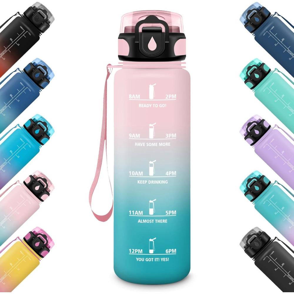 imageHoneyHolly Gourde 500ML tanche ampamp Rutilisable Gourde Sport Motivation avec Marqueur Antifuite Bouteille Bouteille deau Gourdes pour Gym Enfant Adulte cole Bureau Yoga CampingCyan Rose