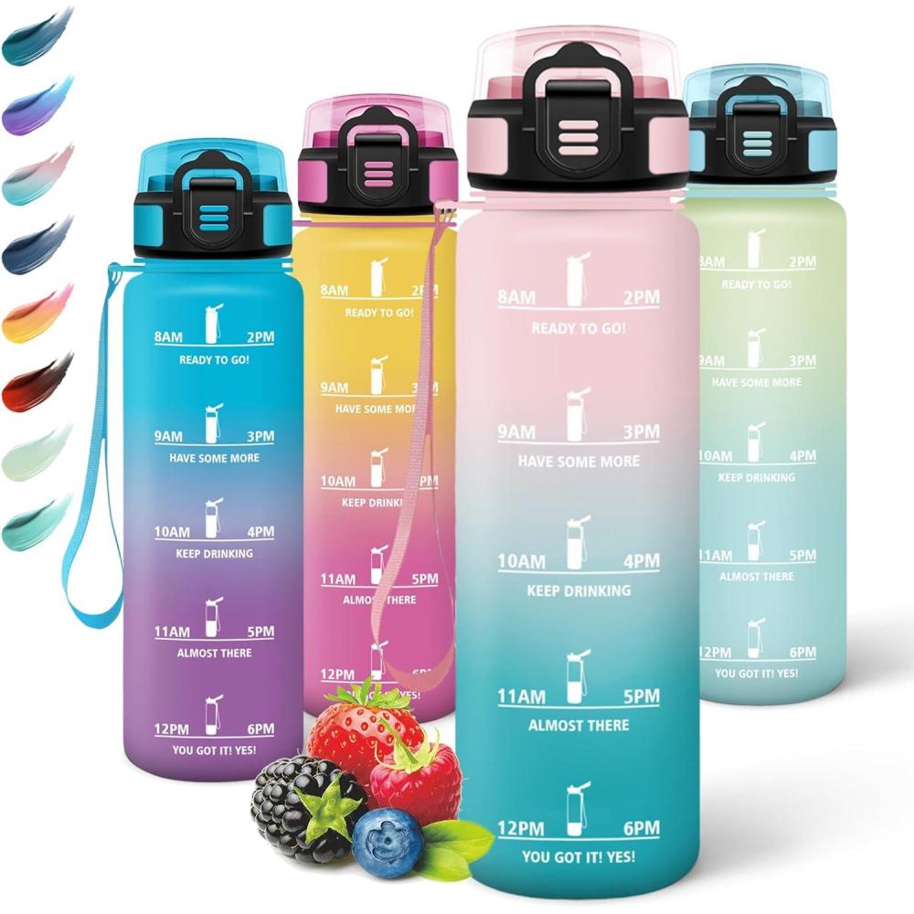 imageMotswedi Gourde Sport 1000ml Anti Fuite Gourde Paille Rutilisable Bouteille deau sans BPA Bouteille Reutilisable pour Enfant Adulte Randonne lcole Fitness Rose JauntreRose Vert