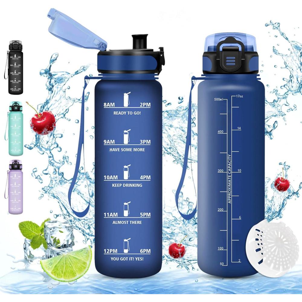 imageVikaster Gourde Sport Sans BPA tanche ampamp Rutilisable Bouteille dEau avec Marqueur de Temps et Filtre Convient Pour Enfant ampamp AdulteCbleu Marine Mat