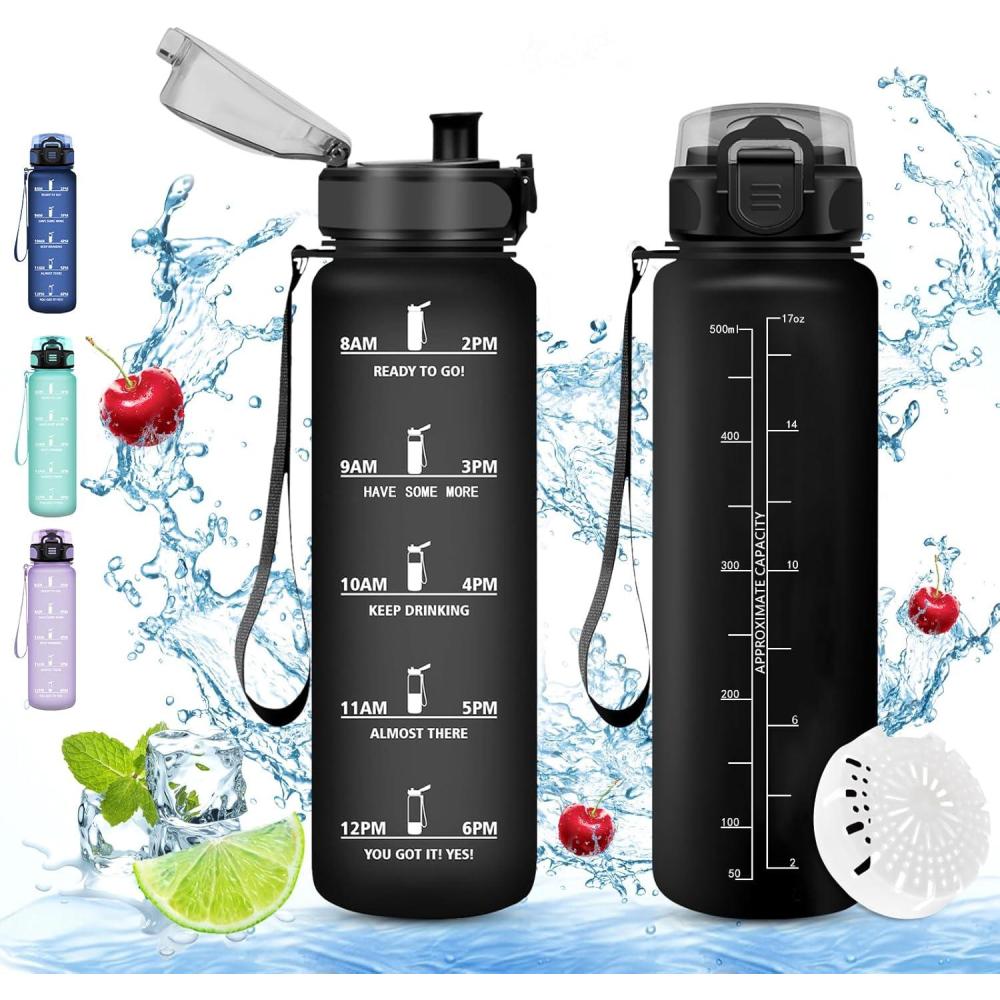 imageVikaster Gourde Sport Sans BPA tanche ampamp Rutilisable Bouteille dEau avec Marqueur de Temps et Filtre Convient Pour Enfant ampamp AdulteCmat Noir
