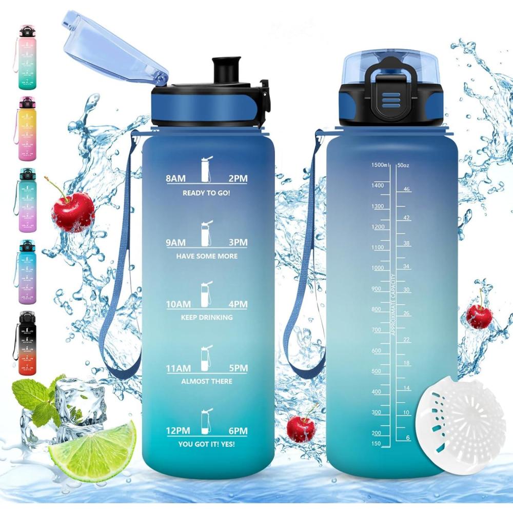 imageVikaster Gourde Sport Sans BPA tanche ampamp Rutilisable Bouteille dEau avec Marqueur de Temps et Filtre Convient Pour Enfant ampamp AdulteDbleuvert1