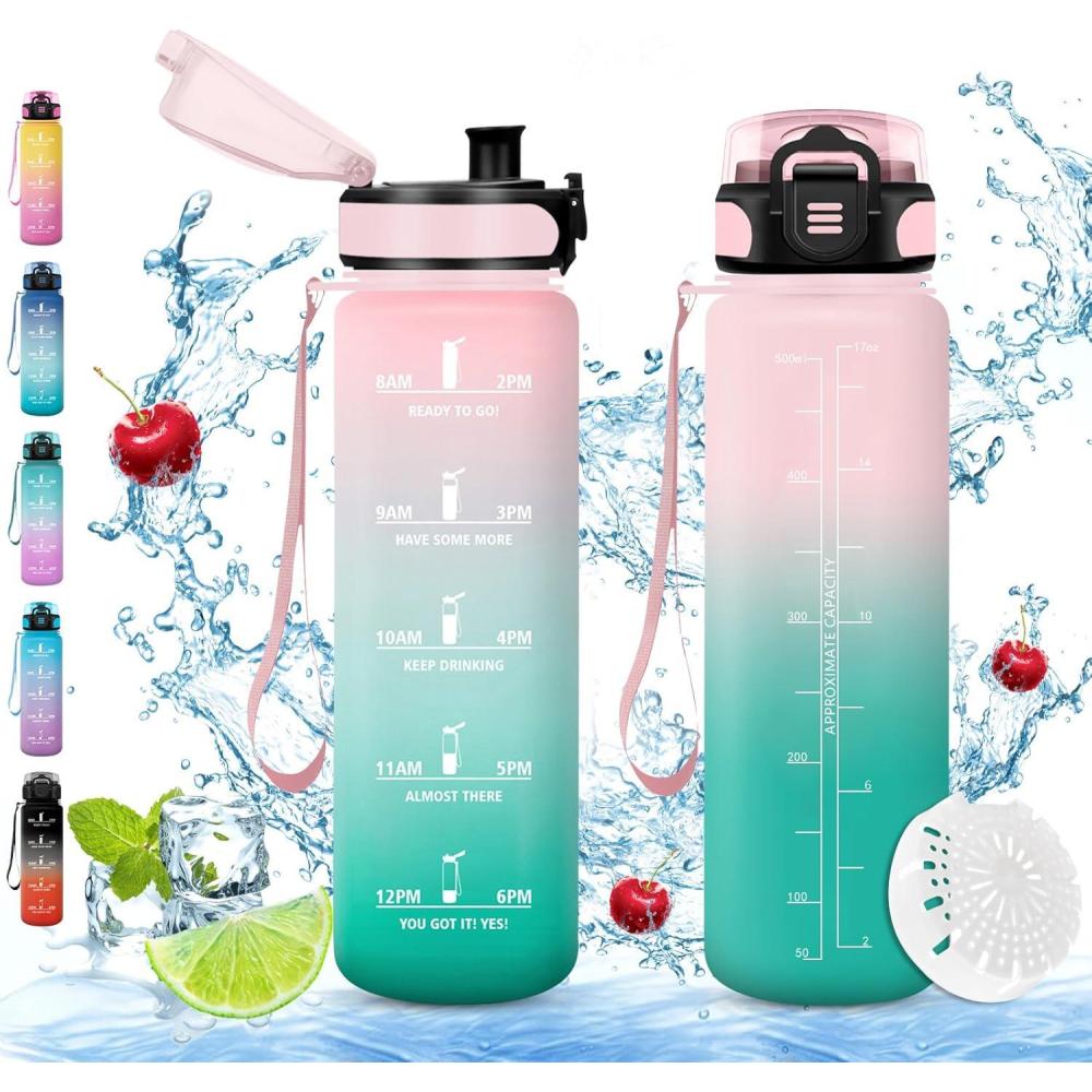 imageVikaster Gourde Sport Sans BPA tanche ampamp Rutilisable Bouteille dEau avec Marqueur de Temps et Filtre Convient Pour Enfant ampamp AdulteDrosecyan