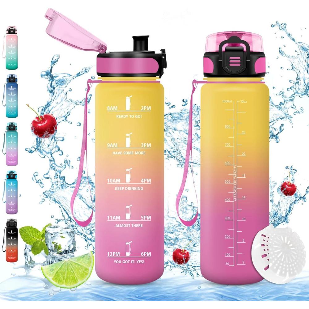 imageVikaster Gourde eau Gourde 1Litre sans BPA tanche ampamp Rutilisable Bouteille deau avec Marqueur de Temps et Filtre Convient Pour la Bureau Gym Yoga Camping SportDrosejaune