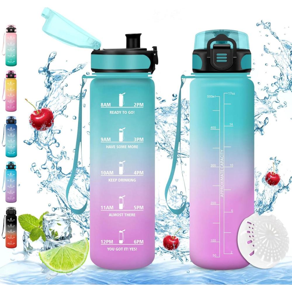 imageVikaster Gourde eau Gourde 1Litre sans BPA tanche ampamp Rutilisable Bouteille deau avec Marqueur de Temps et Filtre Convient Pour la Bureau Gym Yoga Camping SportDvertviolet