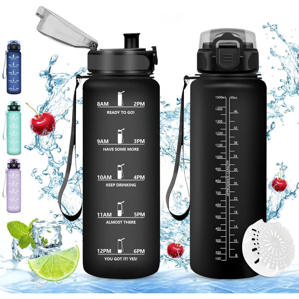 imageVikaster Gourde eau Gourde 1Litre sans BPA tanche ampamp Rutilisable Bouteille deau avec Marqueur de Temps et Filtre Convient Pour la Bureau Gym Yoga Camping SportCmat Noir
