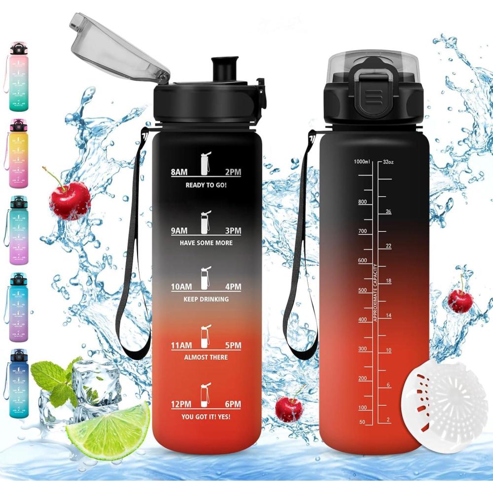 imageVikaster Gourde eau Gourde 1Litre sans BPA tanche ampamp Rutilisable Bouteille deau avec Marqueur de Temps et Filtre Convient Pour la Bureau Gym Yoga Camping SportDnoirrouge