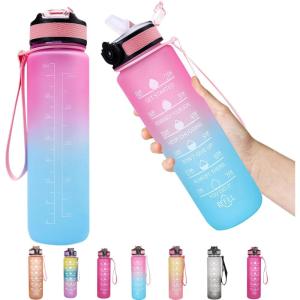 Bouteille d&rsquo;eau 1 Litres,Gourde Sport Sans BPA,Gourde avec Paille, ?tanche,Bouteille de sport pour Fitness,Sport,Plein Air, Randonn?e (rose + vert)(Rose + Vert)
