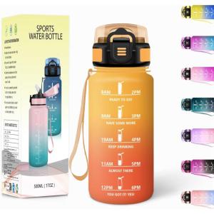 Gourde, 1500ML Avec de la Paille, Gourdes Sport, Sans BPA, Gourde Paille, Bouteille d&rsquo;eau de Motivation avec Marqueur de Temps, Bouteille Paille Adulte pour Salle de Sport, Camping – Vert foncé&Gris(Jaune&orange-500ml)