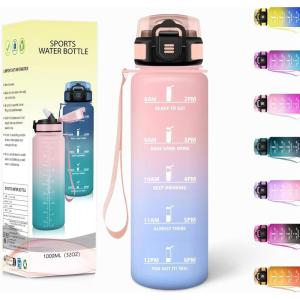 Gourde, 1500ML Avec de la Paille, Gourdes Sport, Sans BPA, Gourde Paille, Bouteille d&rsquo;eau de Motivation avec Marqueur de Temps, Bouteille Paille Adulte pour Salle de Sport, Camping – Vert foncé&Gris(Rose&bleu Ciel-1000ml)