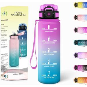 Gourde, 1500ML Avec de la Paille, Gourdes Sport, Sans BPA, Gourde Paille, Bouteille d&rsquo;eau de Motivation avec Marqueur de Temps, Bouteille Paille Adulte pour Salle de Sport, Camping – Vert foncé&Gris(Rose&cyan-1000ml)