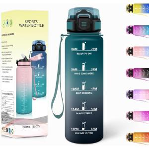 Gourde, 1500ML Avec de la Paille, Gourdes Sport, Sans BPA, Gourde Paille, Bouteille d&rsquo;eau de Motivation avec Marqueur de Temps, Bouteille Paille Adulte pour Salle de Sport, Camping – Vert foncé&Gris(Vert Foncé&gris-1000ml)