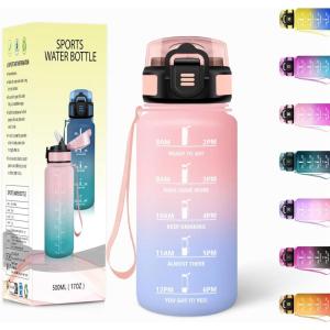 Gourde, 1500ML Avec de la Paille, Gourdes Sport, Sans BPA, Gourde Paille, Bouteille d&rsquo;eau de Motivation avec Marqueur de Temps, Bouteille Paille Adulte pour Salle de Sport, Camping – Vert foncé&Gris(Rose&bleu Ciel-500ml)