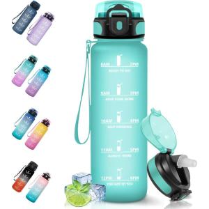 Gourde, 1500ML Avec de la Paille, Gourdes Sport, Sans BPA, Gourde Paille, Bouteille d&rsquo;eau de Motivation avec Marqueur de Temps, Bouteille Paille Adulte pour Salle de Sport, Camping – Vert foncé&Gris(Blue&green-zz)