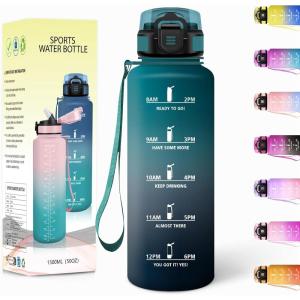 Gourde, 1500ML Avec de la Paille, Gourdes Sport, Sans BPA, Gourde Paille, Bouteille d&rsquo;eau de Motivation avec Marqueur de Temps, Bouteille Paille Adulte pour Salle de Sport, Camping – Vert foncé&Gris(Vert Foncé&gris-1500ml)