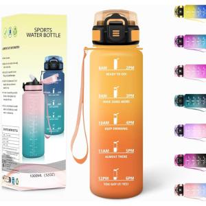Gourde, 1500ML Avec de la Paille, Gourdes Sport, Sans BPA, Gourde Paille, Bouteille d&rsquo;eau de Motivation avec Marqueur de Temps, Bouteille Paille Adulte pour Salle de Sport, Camping – Vert foncé&Gris(Jaune&orange-1000ml)