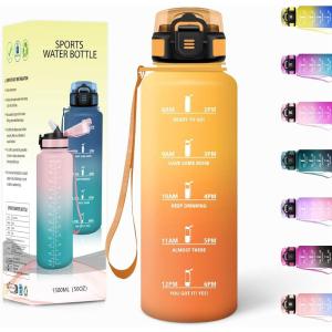 Gourde, 1500ML Avec de la Paille, Gourdes Sport, Sans BPA, Gourde Paille, Bouteille d&rsquo;eau de Motivation avec Marqueur de Temps, Bouteille Paille Adulte pour Salle de Sport, Camping – Vert foncé&Gris(Jaune&orange-1500ml)