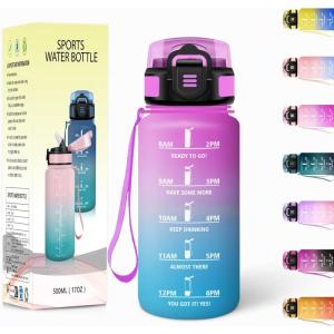Gourde, 1500ML Avec de la Paille, Gourdes Sport, Sans BPA, Gourde Paille, Bouteille d&rsquo;eau de Motivation avec Marqueur de Temps, Bouteille Paille Adulte pour Salle de Sport, Camping – Vert foncé&Gris(Rose&cyan-500ml)