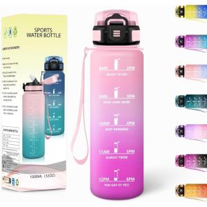 Gourde, 1500ML Avec de la Paille, Gourdes Sport, Sans BPA, Gourde Paille, Bouteille d&rsquo;eau de Motivation avec Marqueur de Temps, Bouteille Paille Adulte pour Salle de Sport, Camping – Vert foncé&Gris(Rose Clair&rosé-1000ml)