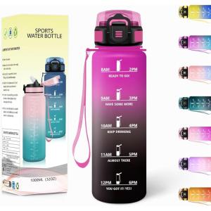 Gourde, 1500ML Avec de la Paille, Gourdes Sport, Sans BPA, Gourde Paille, Bouteille d&rsquo;eau de Motivation avec Marqueur de Temps, Bouteille Paille Adulte pour Salle de Sport, Camping – Vert foncé&Gris(Pourpre Rougeâtre&noir-1000ml)