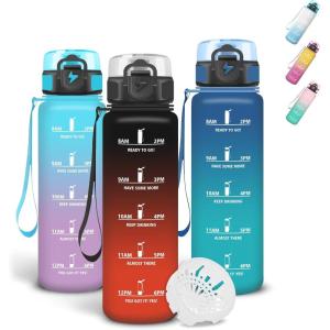 Grsta Gourde 1l, Gourde Sport, Avec Marqueur de Temps, Gourdes Graduée pour 1 Journee avec Filtre, Verrou de Sécurité, Anti Fuite Bouteille Motivationnelle pour Bureau, Velo, Voyage(Noir-rouge)