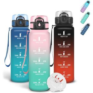 Grsta Gourde 1l, Gourde Sport, Avec Marqueur de Temps, Gourdes Graduée pour 1 Journee avec Filtre, Verrou de Sécurité, Anti Fuite Bouteille Motivationnelle pour Bureau, Velo, Voyage(Yd-rose-cyan)