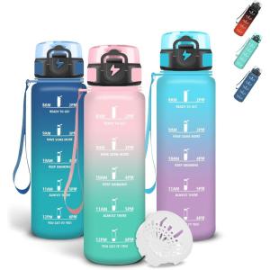 Grsta Gourde 1l, Gourde Sport, Avec Marqueur de Temps, Gourdes Graduée pour 1 Journee avec Filtre, Verrou de Sécurité, Anti Fuite Bouteille Motivationnelle pour Bureau, Velo, Voyage(Rose-vert)