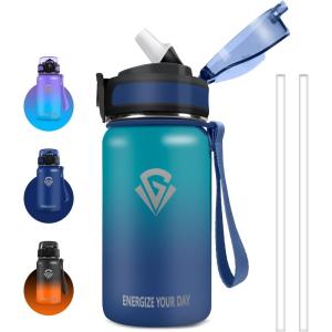 Grsta gourde Isotherme 1L Paille sans BPA Bouteille sous Vide à Double Paroi Anti-Fuite Métal Sport, Camping, Gym(Dark Green-blue)