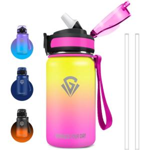 Grsta gourde Isotherme 1L Paille sans BPA Bouteille sous Vide à Double Paroi Anti-Fuite Métal Sport, Camping, Gym(Yellow-pink)