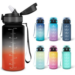 Motswedi Gourde, 0.5L Sans BPA, Gourde Avec Paille Adulte, Convient Aux Boissons Gazeuses, Bouteille d&rsquo;eau pour École, Salle de Sport, Camping – Noir&rouge(Noir&rouge-500ml)