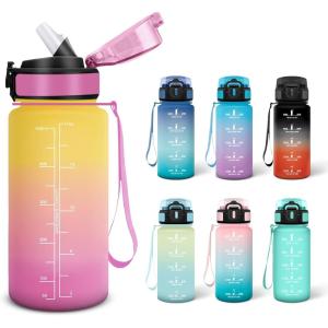 Motswedi Gourde, 0.5L Sans BPA, Gourde Avec Paille Adulte, Convient Aux Boissons Gazeuses, Bouteille d&rsquo;eau pour École, Salle de Sport, Camping – Noir&rouge(Jaune&rose-500ml)