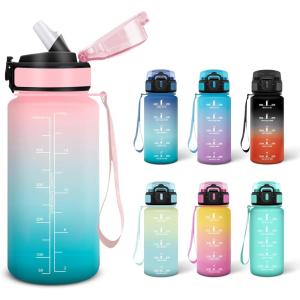 Motswedi Gourde, 0.5L Sans BPA, Gourde Avec Paille Adulte, Convient Aux Boissons Gazeuses, Bouteille d&rsquo;eau pour École, Salle de Sport, Camping – Noir&rouge(Rose&cyan-500ml)