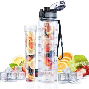 UTEBIT Gourde Sport 1L, Bouteille d&rsquo;eau avec Infuseur à Thé ou Fruits,1 Litre Bouteille Reutilisable Fabriquée en Tritan sans BPA avec Marqueur de Temps de Motivation pour Gym, Camping, Bureau(Transparent)