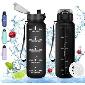 Vikaster Gourde Sport, Sans BPA, Étanche & Réutilisable, Bouteille d&rsquo;Eau avec Marqueur de Temps et Filtre, Convient Pour Enfant & Adulte(C-mat Noir)