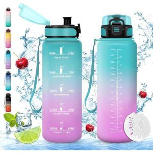 Vikaster Gourde Sport, Sans BPA, Étanche & Réutilisable, Bouteille d&rsquo;Eau avec Marqueur de Temps et Filtre, Convient Pour Enfant & Adulte(Vert & Violet)