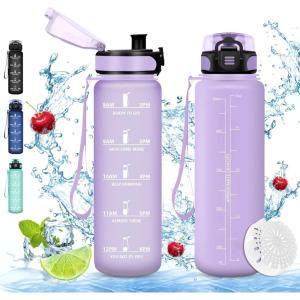 Vikaster Gourde eau, Gourde 1Litre, sans BPA, Étanche & Réutilisable, Bouteille d&rsquo;eau avec Marqueur de Temps et Filtre, Convient Pour la Bureau, Gym, Yoga, Camping, Sport(C-violet Clair)