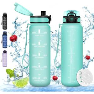 Vikaster Gourde eau, Gourde 1Litre, sans BPA, Étanche & Réutilisable, Bouteille d&rsquo;eau avec Marqueur de Temps et Filtre, Convient Pour la Bureau, Gym, Yoga, Camping, Sport(C-mat Bleu Vert-3245c)