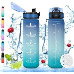 Vikaster Gourde eau, Gourde 1Litre, sans BPA, Étanche & Réutilisable, Bouteille d&rsquo;eau avec Marqueur de Temps et Filtre, Convient Pour la Bureau, Gym, Yoga, Camping, Sport(D-bleu+vert-1)