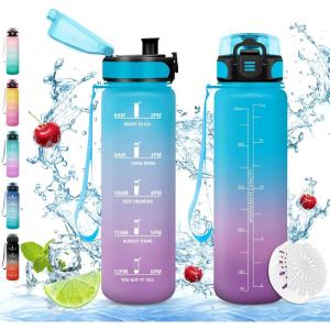 Vikaster Gourde eau, Gourde 1Litre, sans BPA, Étanche & Réutilisable, Bouteille d&rsquo;eau avec Marqueur de Temps et Filtre, Convient Pour la Bureau, Gym, Yoga, Camping, Sport(D-bleu+violet)