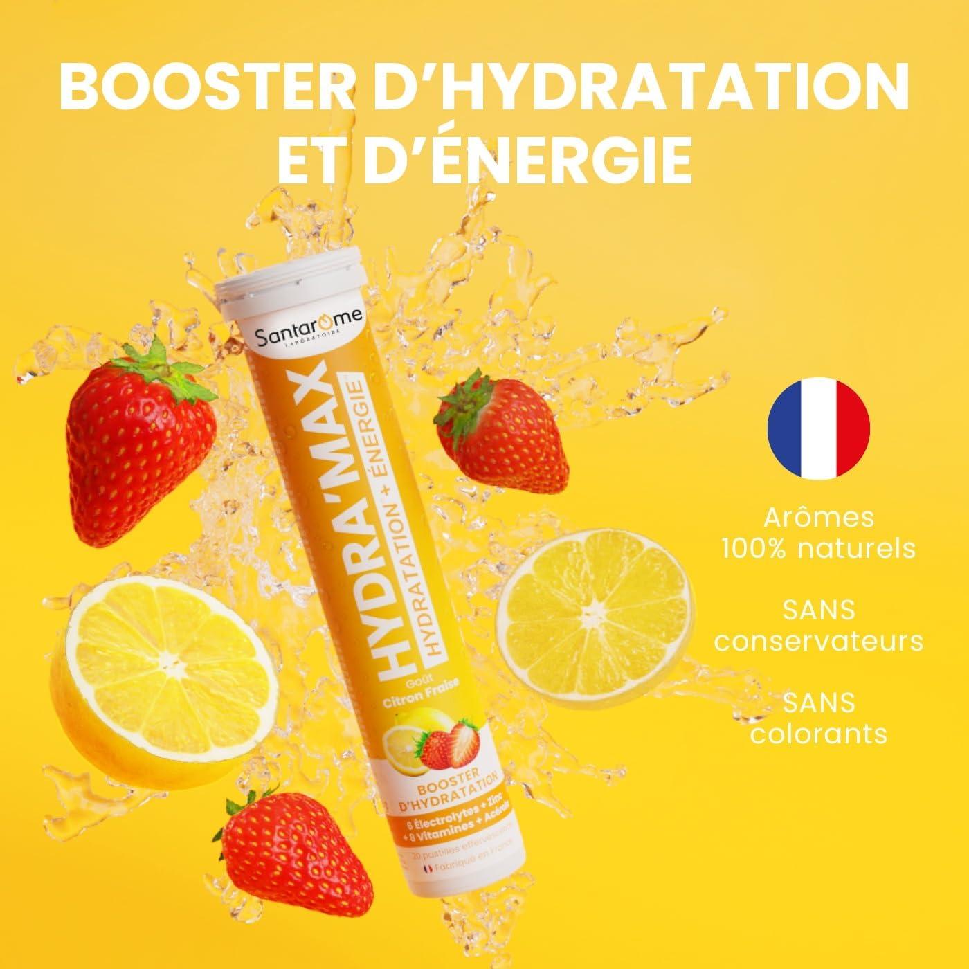 imageSantarome Bio Hydramax Booster dhydration et dnergie Optimise lhydratation Riche en lectrolytes Got Fruit de la Passion 20 pastilles effervescentes FranceHydramax Citron Fraise Electrolytes Hydratation 20 pastilles effervescentes